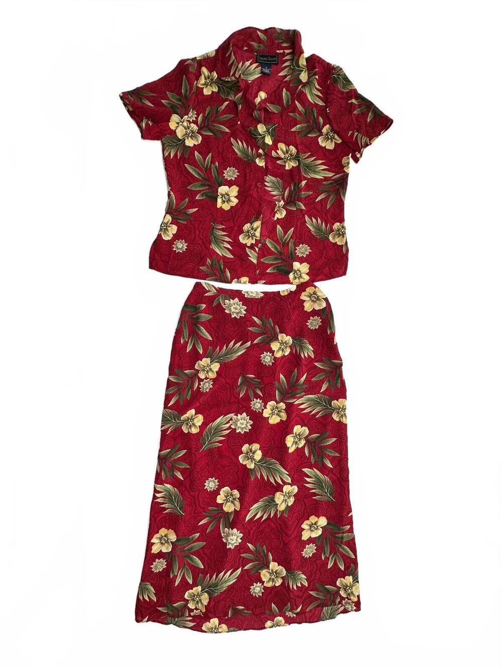 Laura Scott Women’s Red Floral 2-Piece Shirt & Maxi Skirt Set Size Small